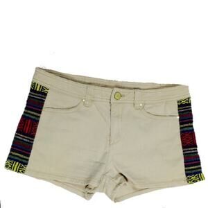 MANGO Woven Panel Colorful Boho Festival Tan Denim Shorts 4 Small Fitted